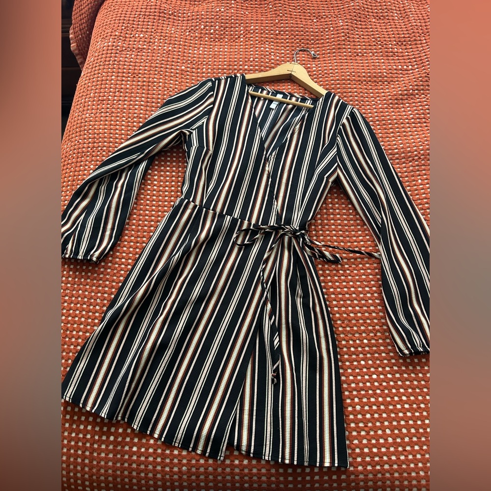 Warm toned stripped 70s style wrap dress
